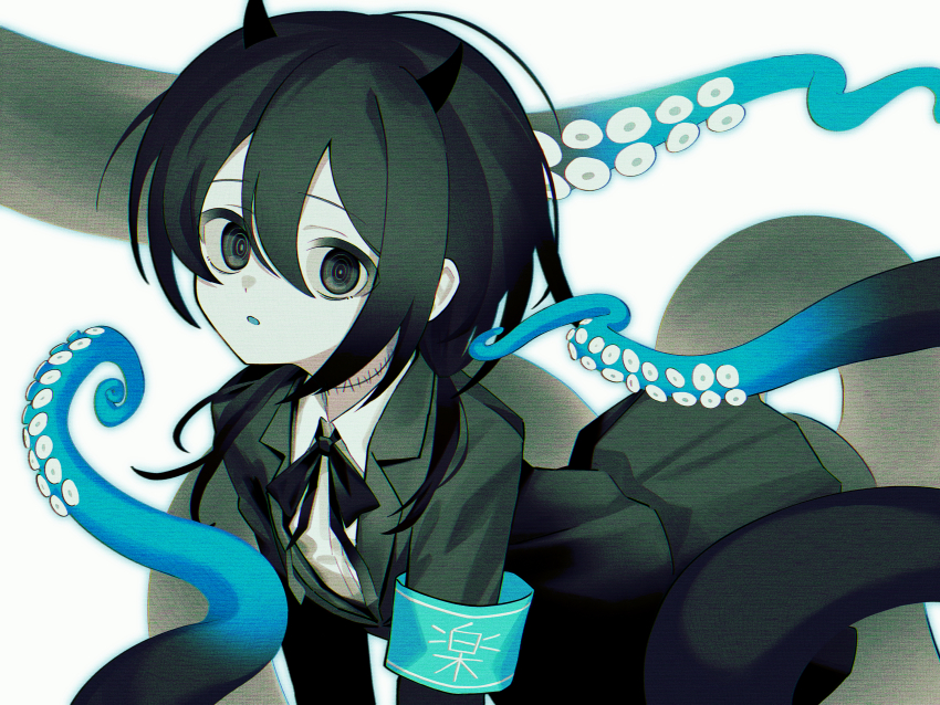 1girl, absurdres, all_fours, black_eyes, black_hair, black_jacket, black_skirt, blue_tongue
