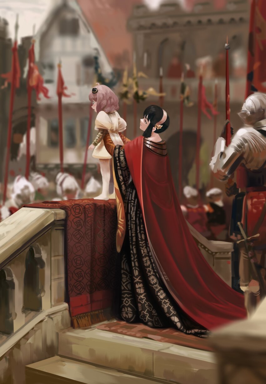 2girls, absurdres, alternate_costume, anya_(spy_x_family), armor, armpit_carry, army, black_dress