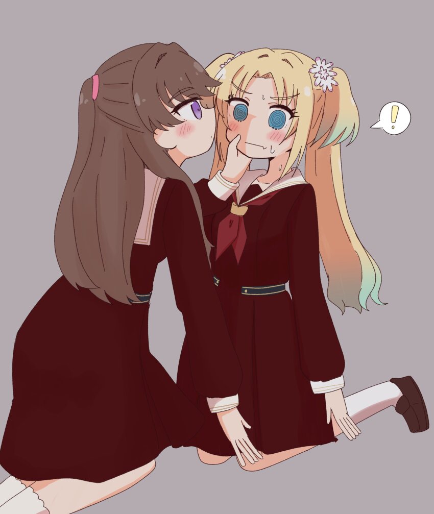 !, 2girls, @_@, absurdres, amado_(amaddo_club), blonde_hair, blue_eyes, blue_hair