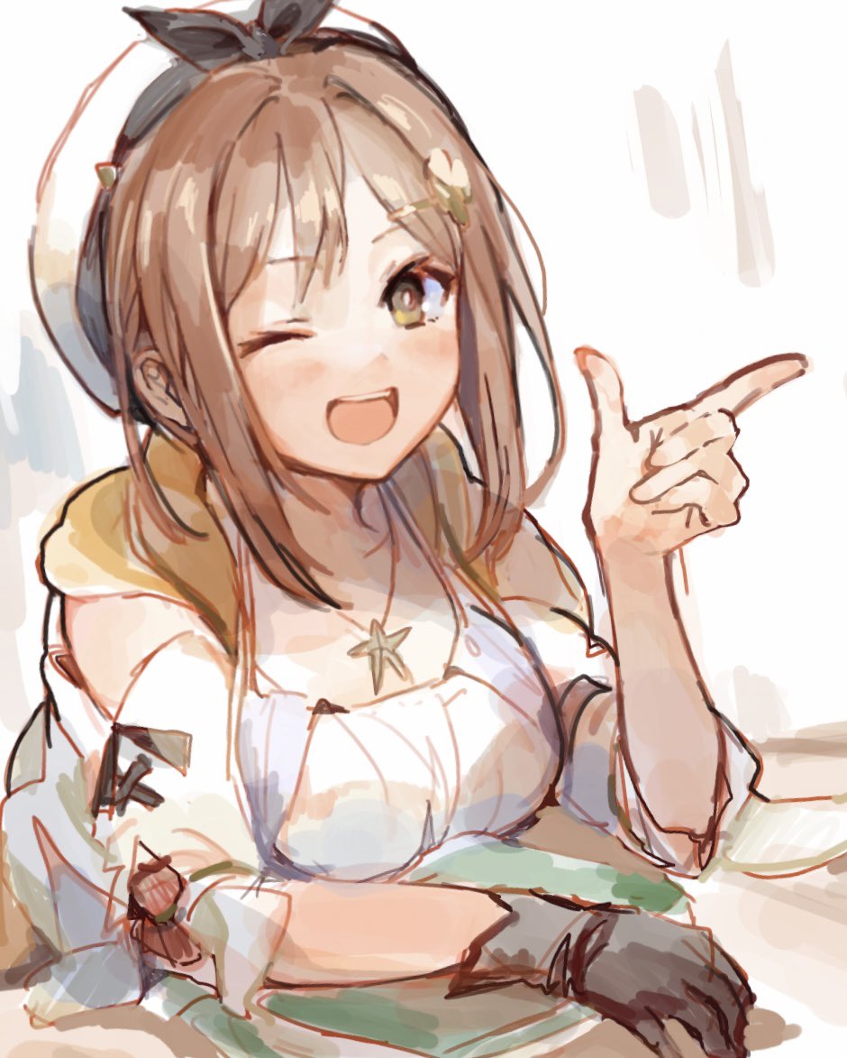 1girl, ;d, atelier_(series), atelier_ryza, beret, black_gloves, blush, book, breasts, brown_eyes, brown_hair, camisole, commentary, gloves, hair_ornament, hairclip, hand_up, hat, index_finger_raised, jacket, le21day, looking_at_viewer, medium_breasts, one_eye_closed, open_mouth, puffy_short_sleeves, puffy_sleeves, reisalin_stout, short_sleeves, single_glove, smile, solo, star_(symbol), untranslatable_commentary, upper_body, white_camisole, white_hat, white_jacket