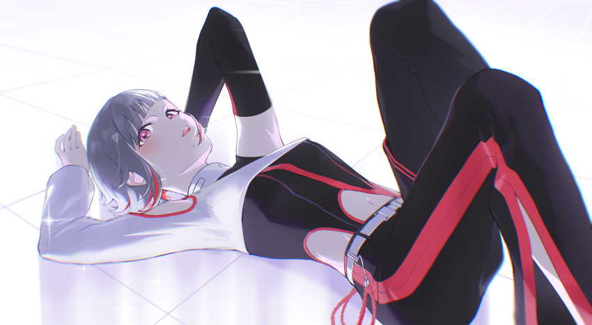 1girl, asymmetrical_bangs, asymmetrical_gloves, belt, black_pants, blush, clothing_cutout, colored_inner_hair