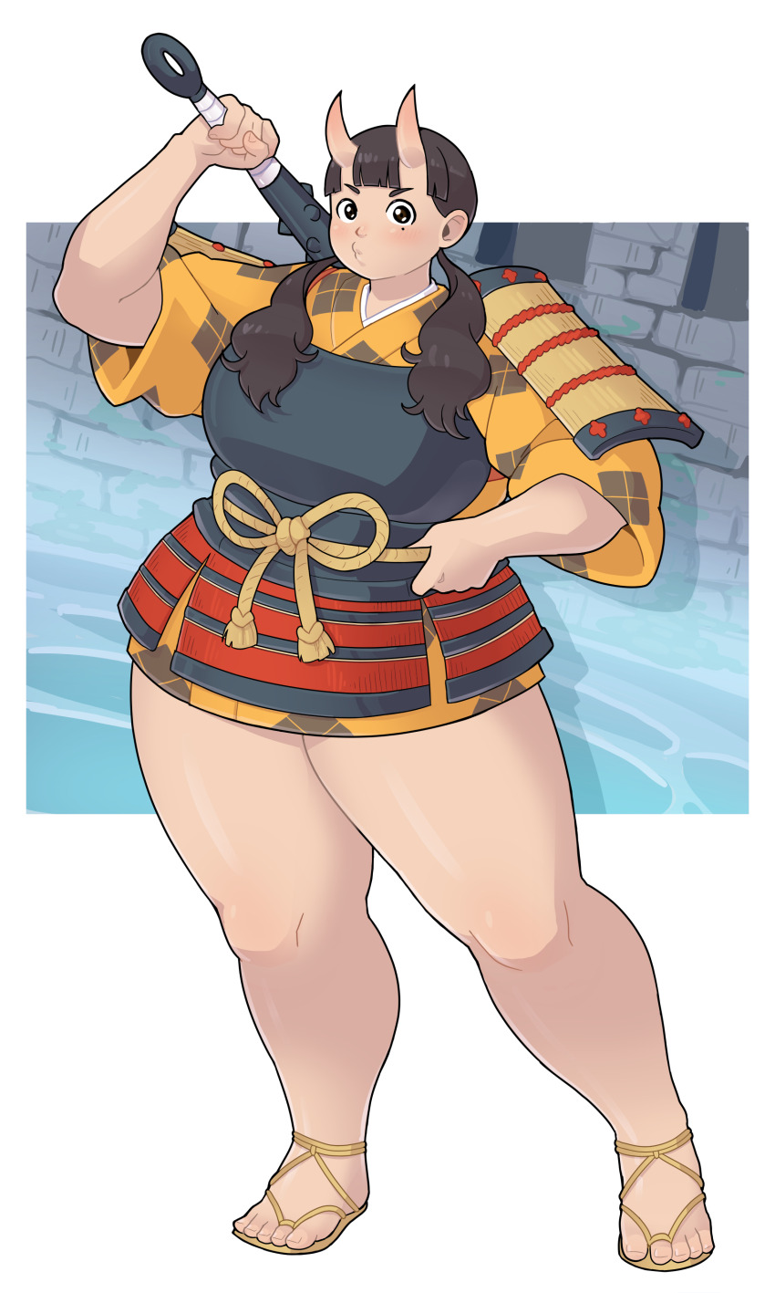 absurdres, armor, bare_legs, brown_hair, chest_guard, club, club_(weapon), dungeon_meshi