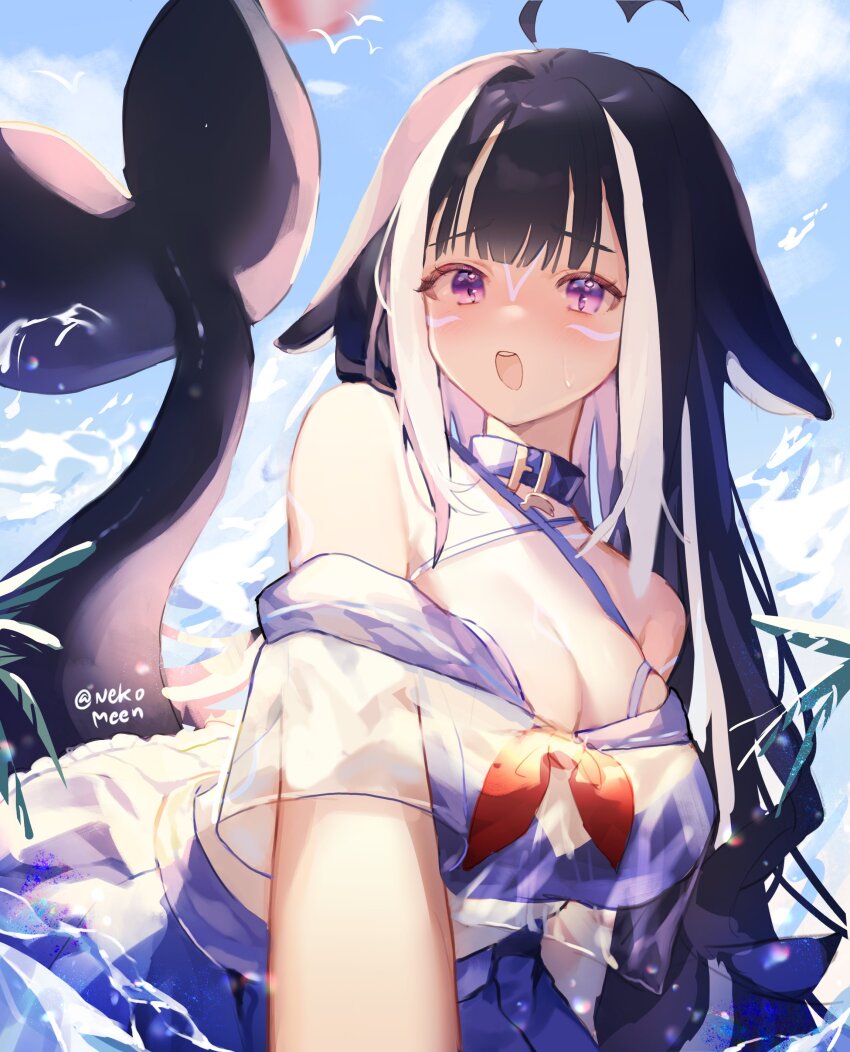 1girl, absurdres, animal_ears, belt_collar, bikini, bikini_under_clothes, black_bikini, black_hair