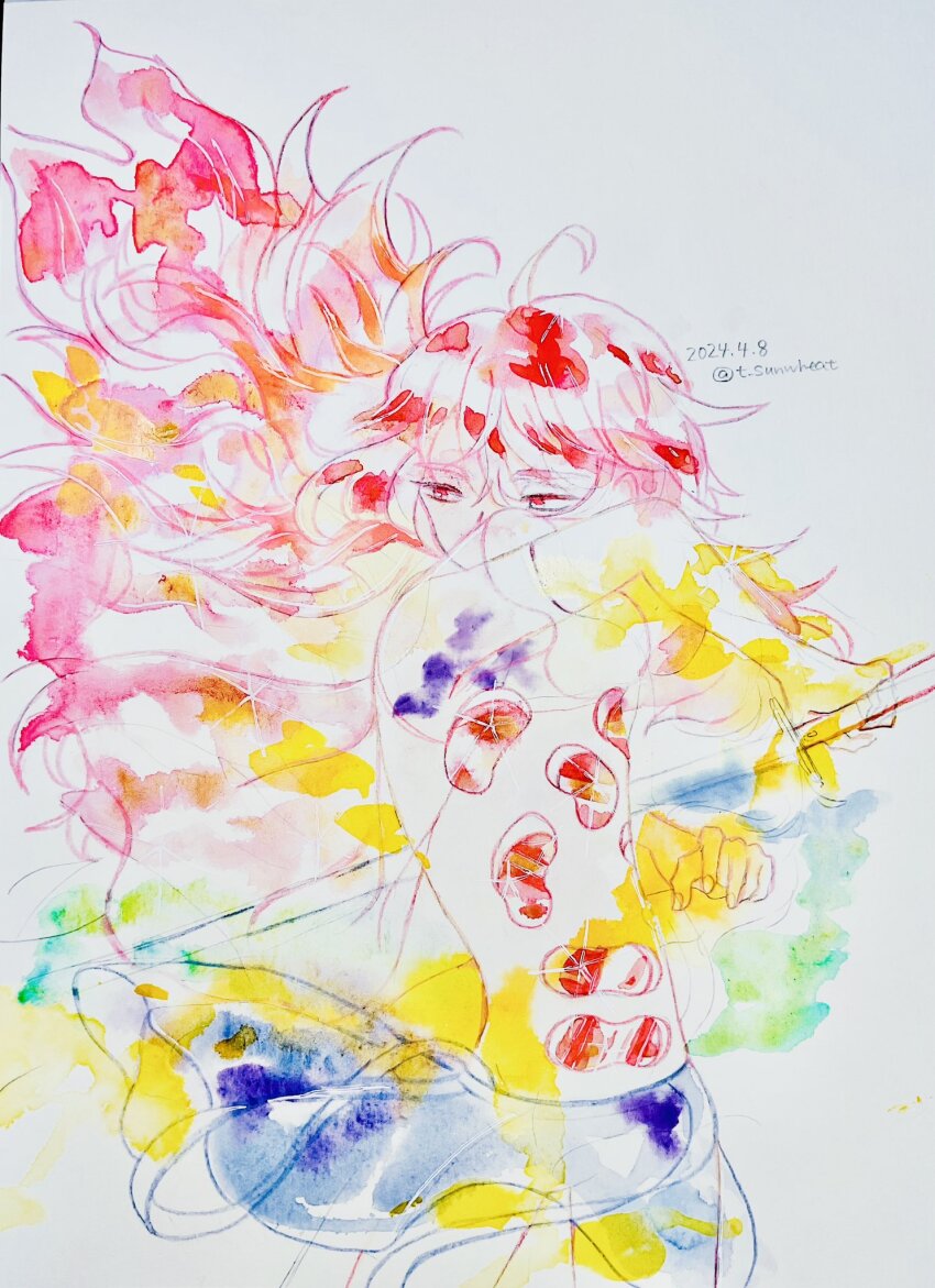 1other, androgynous, blue_skirt, cowboy_shot, elbow_gloves, fighting_stance, floating_clothes, floating_hair