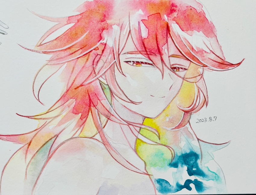 1other, androgynous, blonde_hair, blue_hair, dated, eyelashes, hair_between_eyes, half-closed_eyes, highres, houseki_no_kuni, long_hair, multicolored_hair, nude, other_focus, padparadscha_(houseki_no_kuni), painting_(medium), portrait, red_eyes, red_hair, simple_background, smile, solo, streaked_hair, teru_(t_sunwheat), traditional_media, watercolor_(medium)