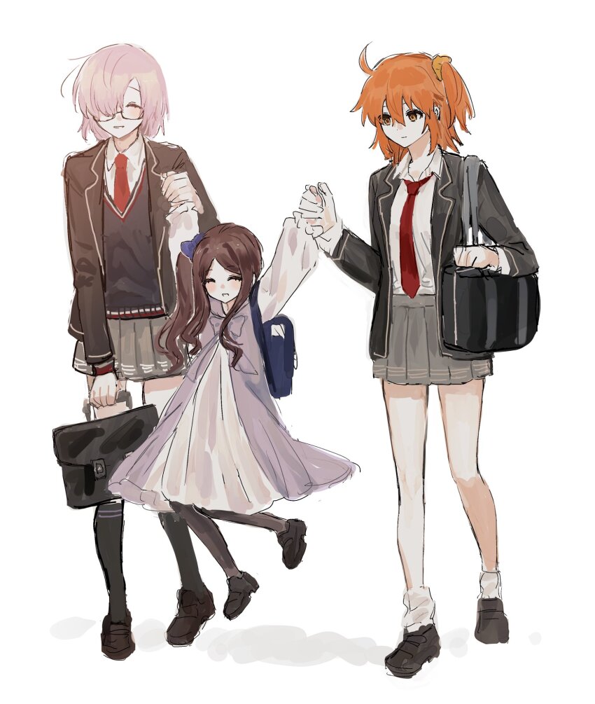 3girls, ahoge, backpack, bag, black-framed_eyewear, black_bag, black_footwear, black_jacket