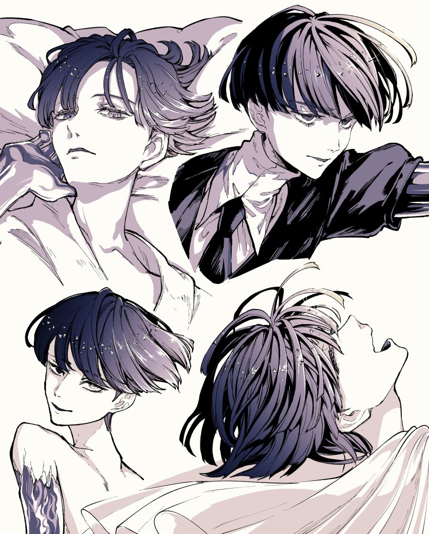 1other, absurdres, bed_sheet, bowl_cut, closed_eyes, cracked_skin, facing_up, gem_uniform_(houseki_no_kuni)