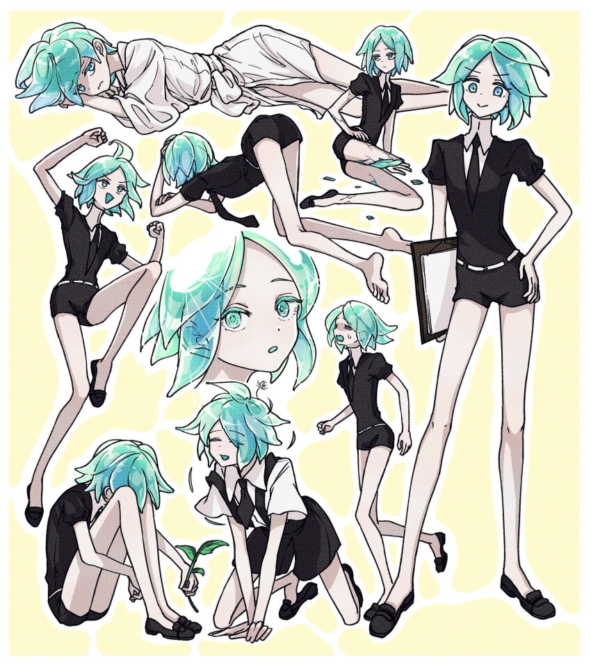 1other, :d, all_fours, amputee, androgynous, aqua_hair, bare_arms, bare_legs, barefoot, black_footwear, black_necktie, black_shorts, clipboard, crystal_hair, excited, facing_away, frown, gem_uniform_(houseki_no_kuni), highres, holding, houseki_no_kuni, hugging_own_legs, itabasami, jumping, kneeling, knees_up, looking_at_viewer, lying, multiple_views, necktie, on_side, open_mouth, other_focus, own_hands_together, phosphophyllite, pout, puffy_short_sleeves, puffy_sleeves, robe, running, sad, shards, short_hair, short_sleeves, shorts, sitting, sleepwear, smile, smug, sprout, standing, struggling, suspender_shorts, suspenders, top-down_bottom-up, see-through_hair, white_robe, yellow_background, yokozuwari