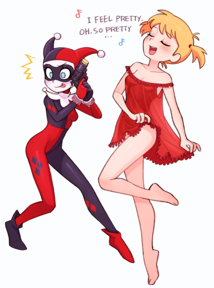 2girls, asymmetrical_footwear, babydoll, bare_hips, bare_legs, barefoot, batman:_mad_love, batman:_the_animated_series, batman_(series), black_lips, black_suit, blonde_hair, blue_eyes, blush, bodysuit, bottomless, breasts, cleavage, clown, clown_girl, commentary, curvy, dancing, dc_comics, dcau, domino_mask, dual_persona, english_text, eye_mask, feet, finger_on_trigger, formal_clothes, gun, hair_tie, harley_quinn, harley_quinn_(classic), hat, highres, holding, holding_gun, holding_weapon, jester, jester_cap, jester_costume, jester_girl, jumping, kojirou_(mesurf1), legs, mask, medium_breasts, mismatched_footwear, multicolored_bodysuit, multiple_girls, music, musical_note, nightgown, nightgown_lift, no_panties, open_mouth, pop_gun, red_babydoll, red_nightgown, red_suit, short_twintails, singing, sixteenth_note, smile, suit, the_new_batman_adventures, toes, tongue, tongue_out, twintails, two-handed_handgun_grip, two-tone_bodysuit, two-tone_suit, warner_bros., weapon, white_facepaint