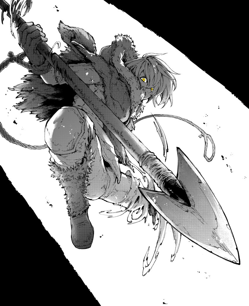 1boy, absurdres, amputee, boots, cloak, from_below, from_side, full_body