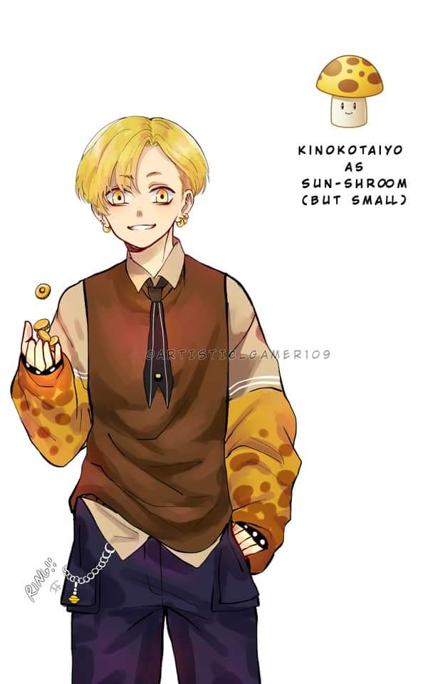 1boy, baggy_clothes, beige_shirt, bell, bell_chain, black_necktie, blonde_hair, blue_pants, brown_sweater_vest, chain, character_name, coin, collared_shirt, commentary_request, cowboy_shot, ear_piercing, earrings, flipping_coin, gold_earrings, hands_in_pockets, holding, holding_coin, humanization, jewelry, looking_at_viewer, male_focus, multicolored_shirt, multiple_earrings, mushroom, necktie, orange_shirt, pants, parted_lips, personification, piercing, plants_vs._zombies, pocket, reka-san, shirt, short_hair, simple_background, smile, sun-shroom_(plants_vs._zombies), sweater_vest, tagme, teeth, tossing, white_background, wristband, yellow_eyes, yellow_shirt