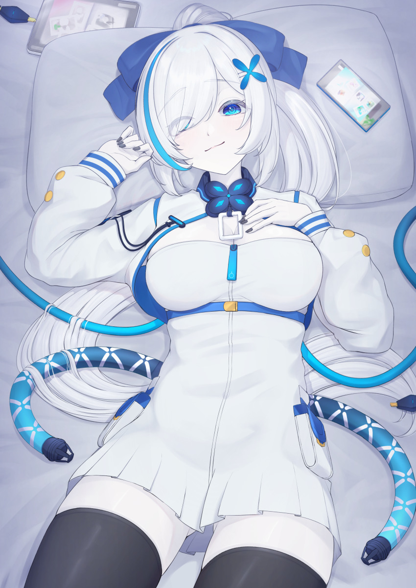 1girl, absurdres, azur_lane, black_nails, black_thighhighs, blue_bow, blue_eyes, blue_hair, bow, breasts, cellphone, cleavage, cleavage_cutout, closed_mouth, clothing_cutout, colored_skin, dress, eyes_visible_through_hair, gluteal_fold, gunknown, hair_bow, hair_over_one_eye, high_ponytail, highres, long_sleeves, looking_at_viewer, lying, medium_breasts, multicolored_hair, on_back, on_bed, phone, pillow, ponytail, short_dress, smartphone, smile, solo, streaked_hair, tb_(azur_lane), tb_(type-l)_(azur_lane), thighhighs, white_dress, white_hair, white_skin