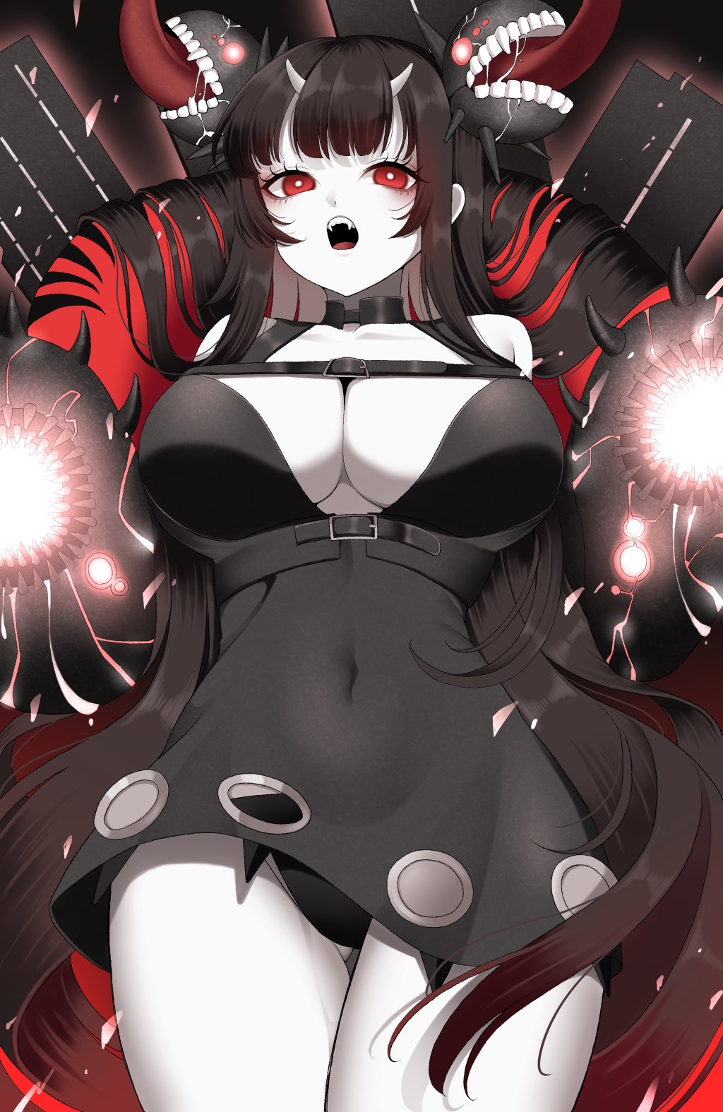1girl, abyssal_ship, atoll_aircraft_carrier_anchorage_princess, black_dress, black_hair, breasts, cleavage, colored_skin