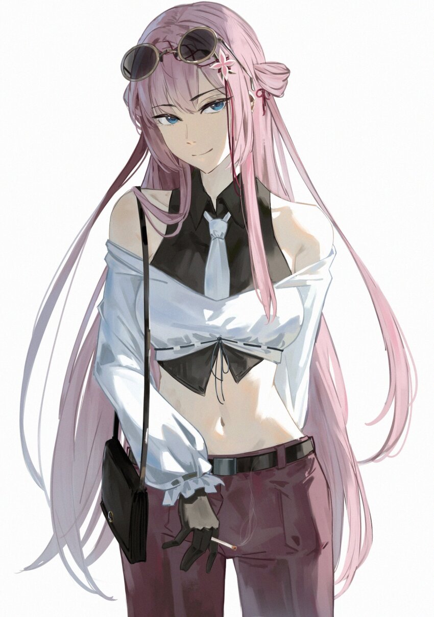 1girl, absurdres, algorhythm_project, bare_shoulders, belt, black_bag, black_gloves, black_shirt