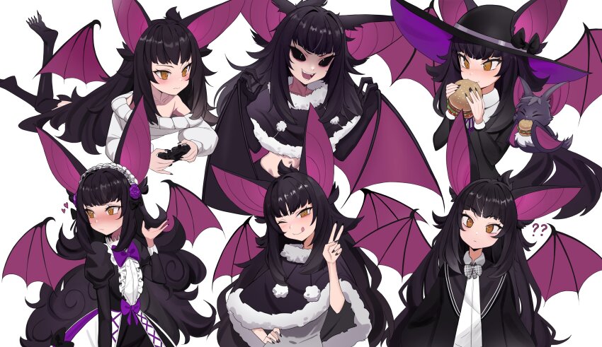 1girl, ;q, ?, ??, absurdres, alternate_costume, animal_ears, bat_(animal), bat_ears, bat_girl, bat_wings, moriko_kyoho, black_bow, black_dress, black_eyes, black_hair, black_hat, black_jacket, black_nails, black_poncho, black_sclera, blush, bow, bowtie, burger, center_frills, clawed_feet, closed_mouth, collarbone, colored_sclera, commission, controller, cross-laced_clothes, dress, fang, flower, food, food_in_mouth, frills, fur-trimmed_poncho, fur_trim, game_controller, grey_bow, grey_bowtie, hair_flower, hair_ornament, hand_on_own_hip, hat, hat_bow, heart, highres, holding, holding_burger, holding_controller, holding_food, holding_game_controller, indie_virtual_youtuber, jacket, kiritzugu, large_ears, long_hair, maid_headdress, midriff, navel, one_eye_closed, plaid_bow, plaid_bowtie, plaid_clothes, pom_pom_(clothes), purple_bow, purple_flower, school_uniform, second-party_source, shirt, skin_fang, sweater, tongue, tongue_out, virtual_youtuber, white_shirt, white_sweater, wide_brim, wings, yellow_eyes
