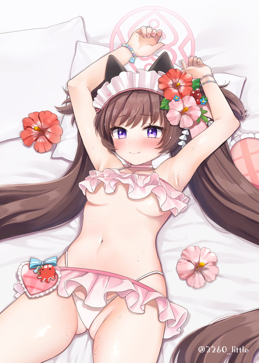 1girl, animal_ears, armpits, arms_up, bikini, blue_archive, blush, bracelet, breasts, brown_hair, closed_mouth, flower, frilled_bikini, frills, hair_flower, hair_ornament, halo, hibiscus, highres, jewelry, long_hair, looking_at_viewer, lying, maid_headdress, on_back, pink_flower, purple_eyes, red_flower, saburou_03, shizuko_(blue_archive), shizuko_(swimsuit)_(blue_archive), small_breasts, solo, sweat, swimsuit, twintails, two_side_up, underboob, very_long_hair