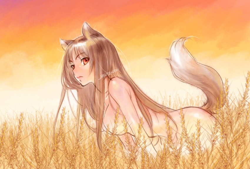 1girl, all_fours, animal_ears, artist_name, brown_hair, highres, holo, lips, long_hair, looking_at_viewer, looking_to_the_side, nude, outdoors, red_eyes, solo, spice_and_wolf, sunset, tail, wheat_field, yonemura_kouichirou