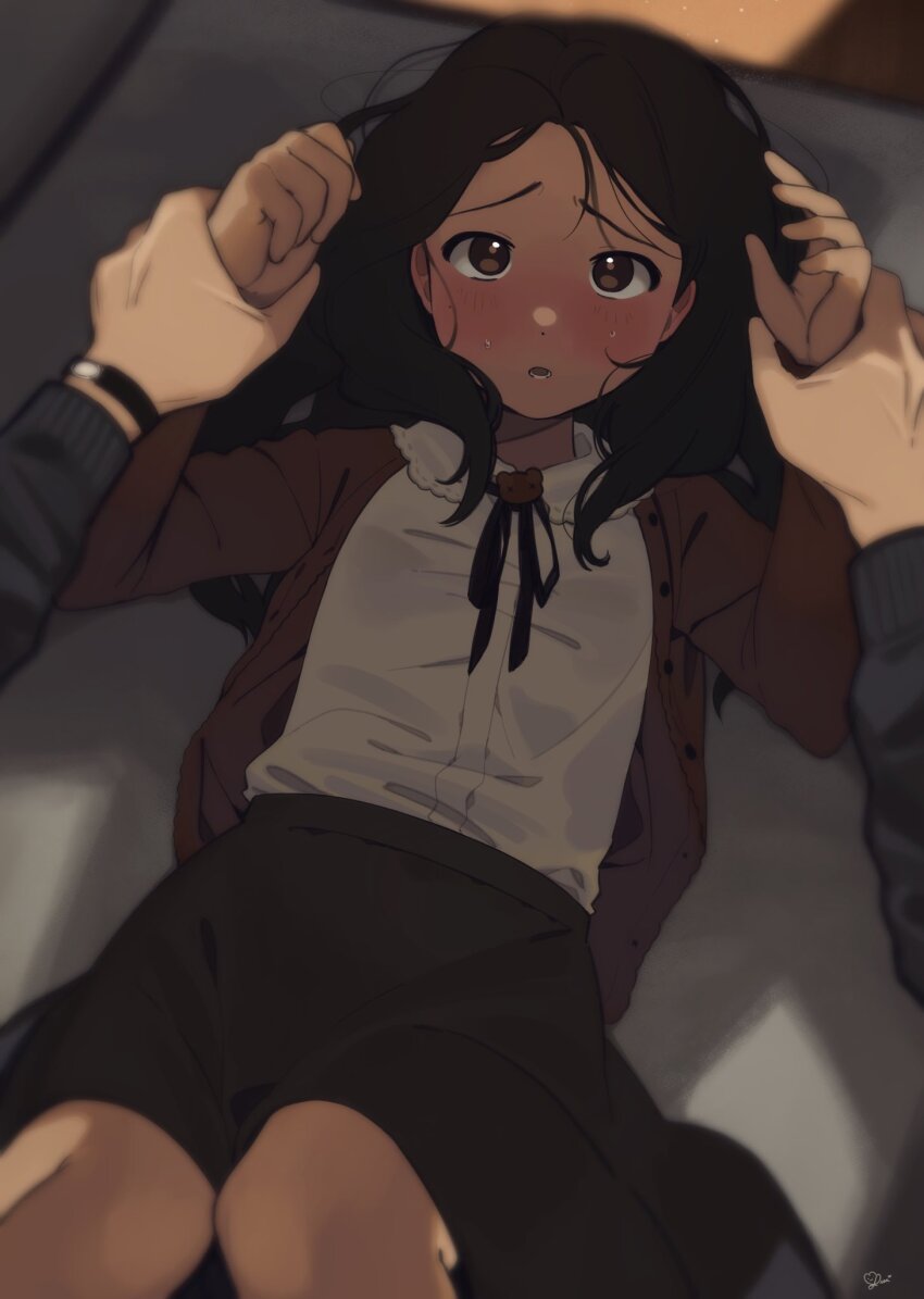 1boy, 1girl, black_hair, black_ribbon, black_skirt, blush, brown_eyes, brown_jacket