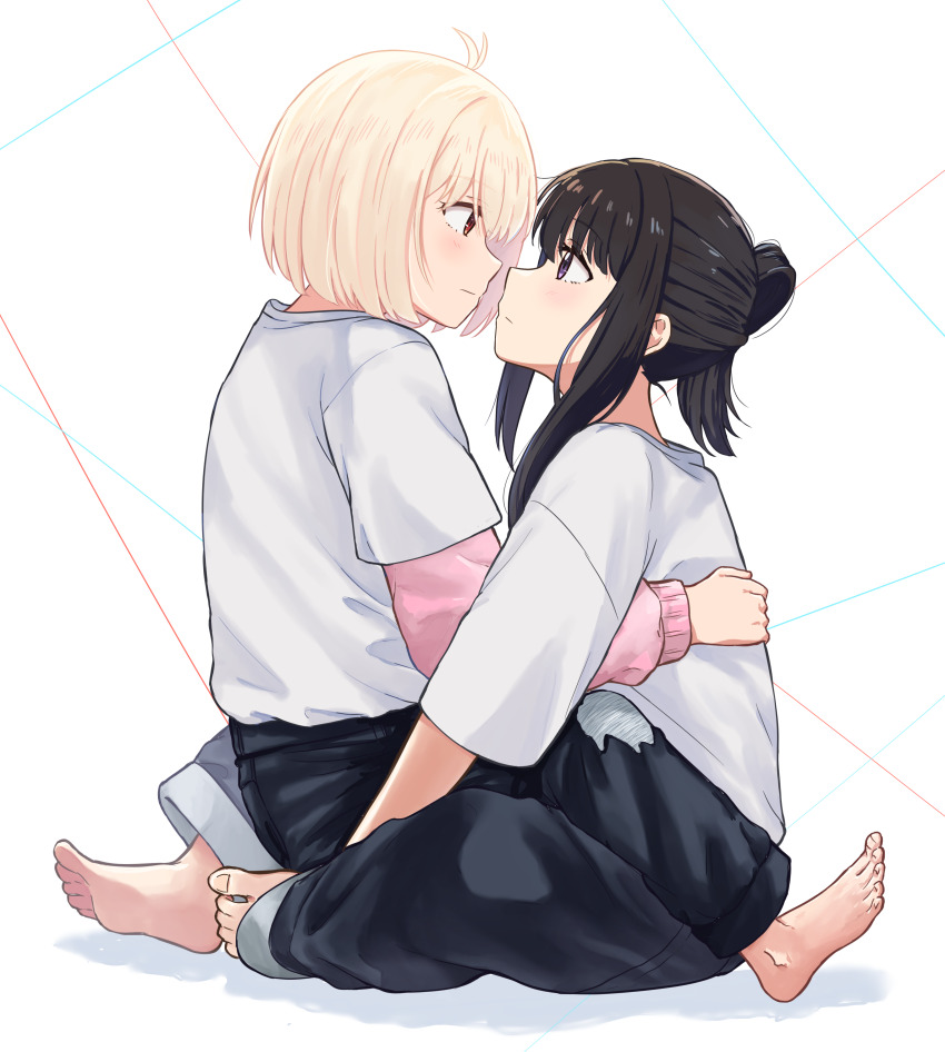 2girls, absurdres, barefoot, black_hair, black_pants, blonde_hair, blush, bob_cut