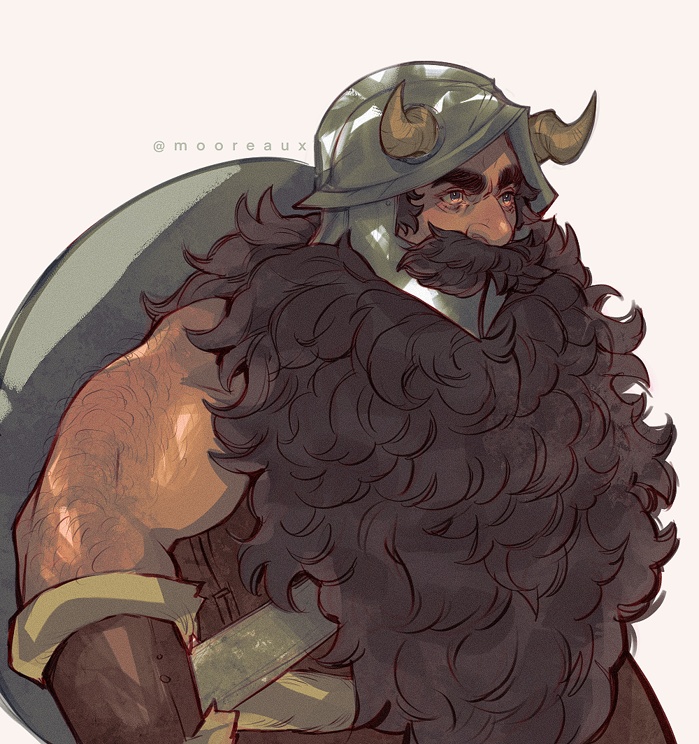 1boy, bara, beard, biceps, brown_hair, dungeon_meshi, dwarf, facial_hair