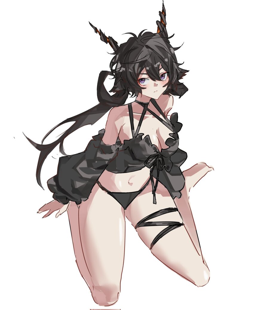 1girl, arknights, bikini, black_bikini, black_hair, black_sleeves, blush, breasts