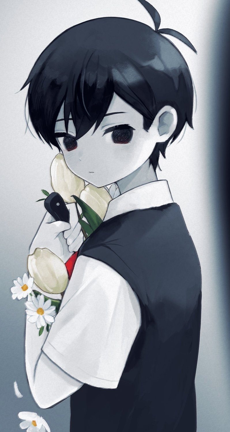 1boy, black_eyes, black_hair, black_sweater_vest, cb_ge000, closed_mouth, collared_shirt, colored_skin