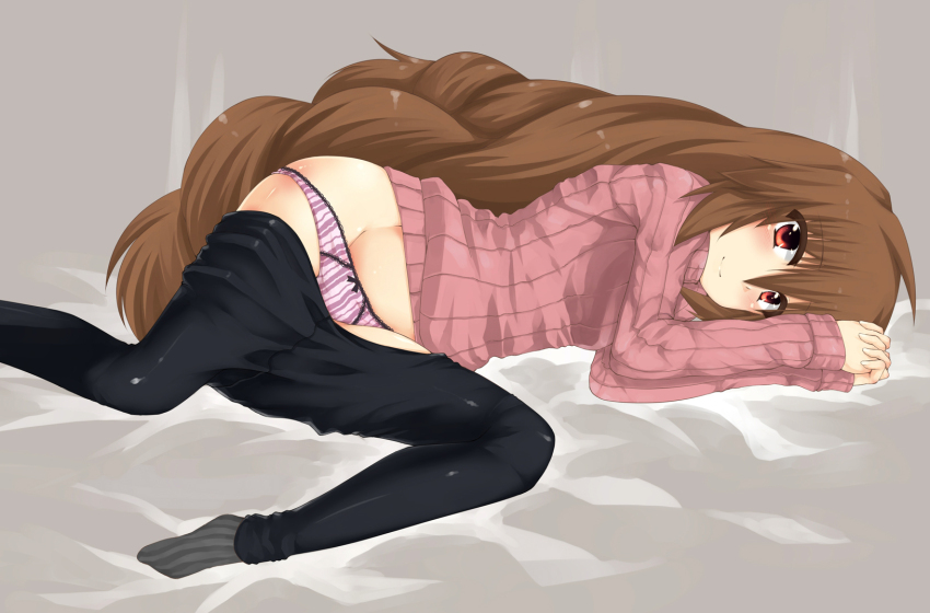 1girl, black_pantyhose, blush, brown_hair, closed_mouth, clothes_pull, female_focus, hair_between_eyes