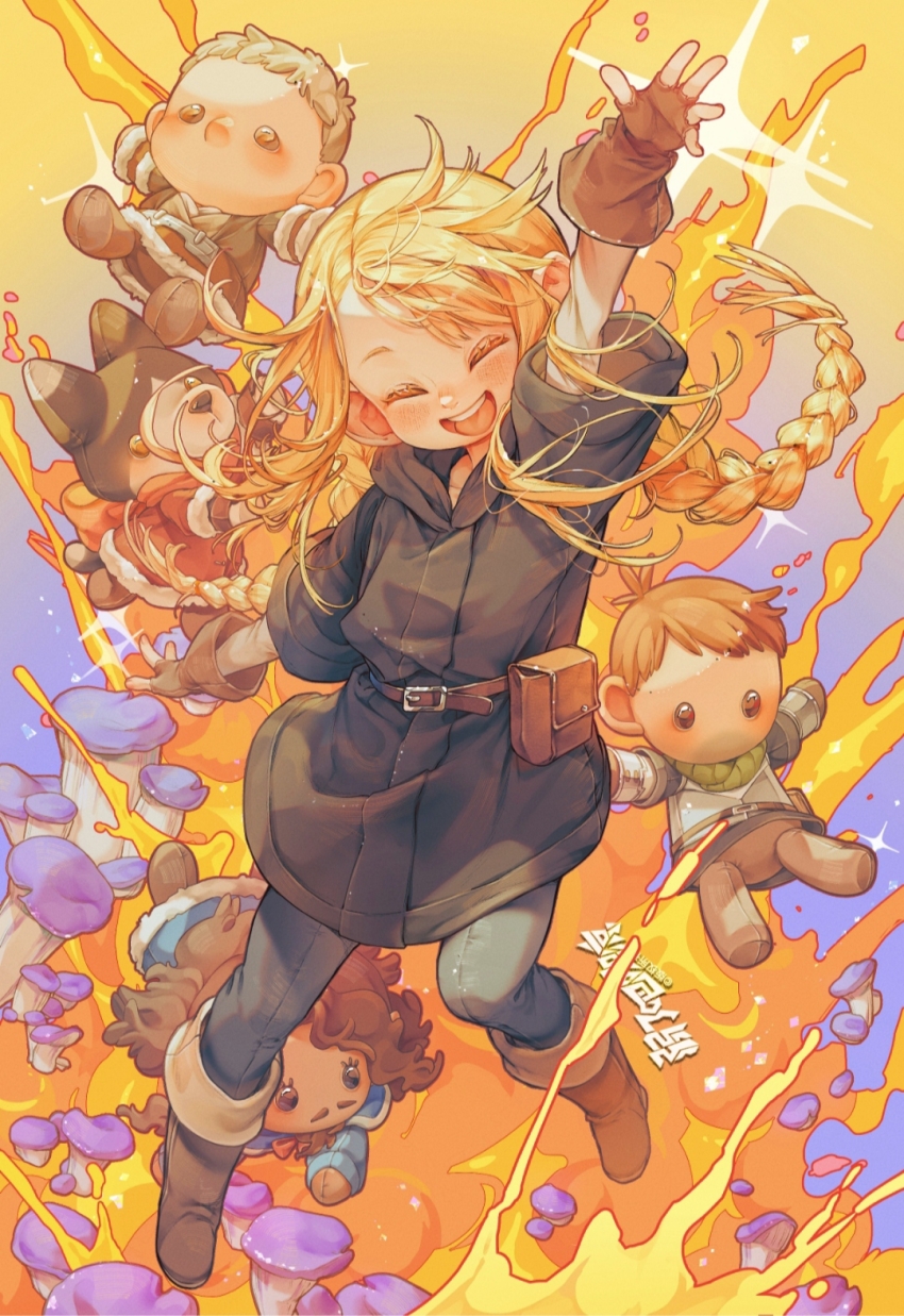 1girl, :d, ^_^, alternate_species, arm_up, belt, belt_buckle, belt_pouch