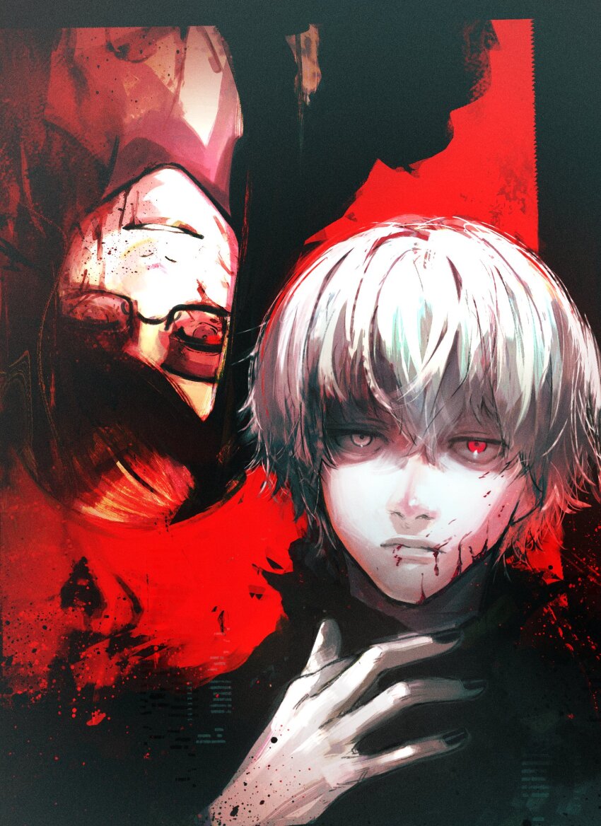 1boy, 1girl, ammenite, black_hair, black_nails, black_shirt, bleeding, blood, blood_on_face, bloody_tears, glowing, glowing_eye, grey_eyes, heterochromia, highres, kamishiro_rize, kaneki_ken, long_hair, looking_at_viewer, red_eyes, shirt, tokyo_ghoul, white_hair