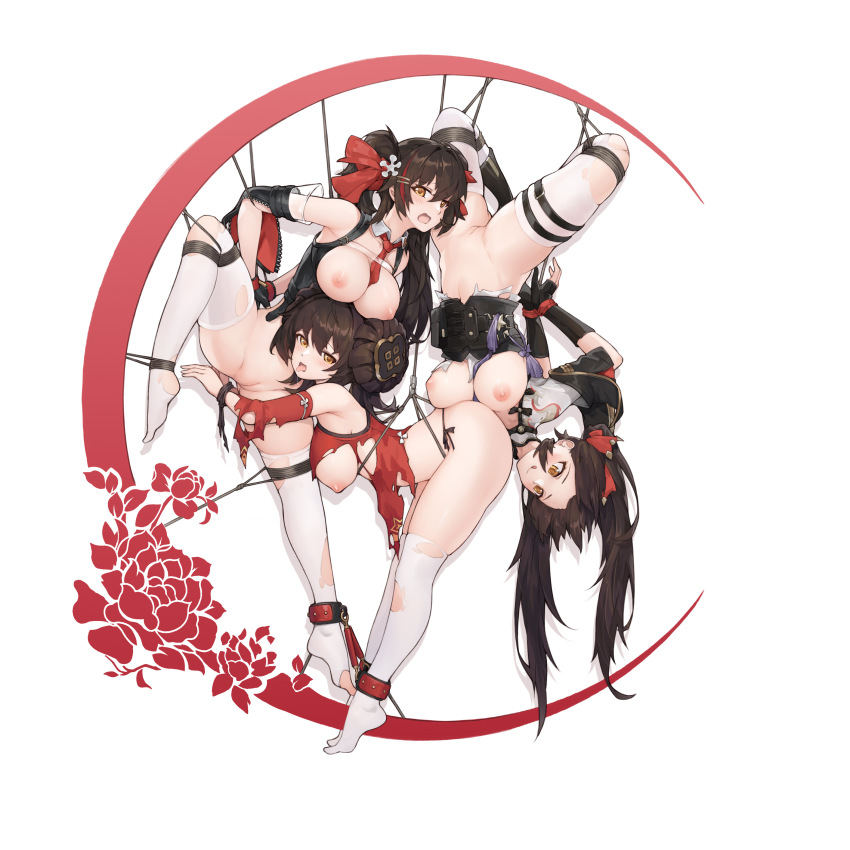 3girls, absurdres, bdsm, bondage, bound, breasts, brown_eyes, brown_hair, china_dress, chinese_clothes, dress, girls'_frontline, girls'_frontline_2:_exilium, girls'_frontline_neural_cloud, highres, jiangyu_(girls'_frontline_2), jiangyu_(neural_cloud), large_breasts, long_hair, multicolored_hair, multiple_girls, nipples, official_alternate_costume, open_mouth, pussy, red_dress, red_hair, shirt, simple_background, stmast, streaked_hair, thighhighs, torn_clothes, torn_dress, torn_shirt, twintails, two-tone_hair, type_97_(girls'_frontline), type_97_(peony)_(girls'_frontline), upside-down, white_background, white_thighhighs, yuri