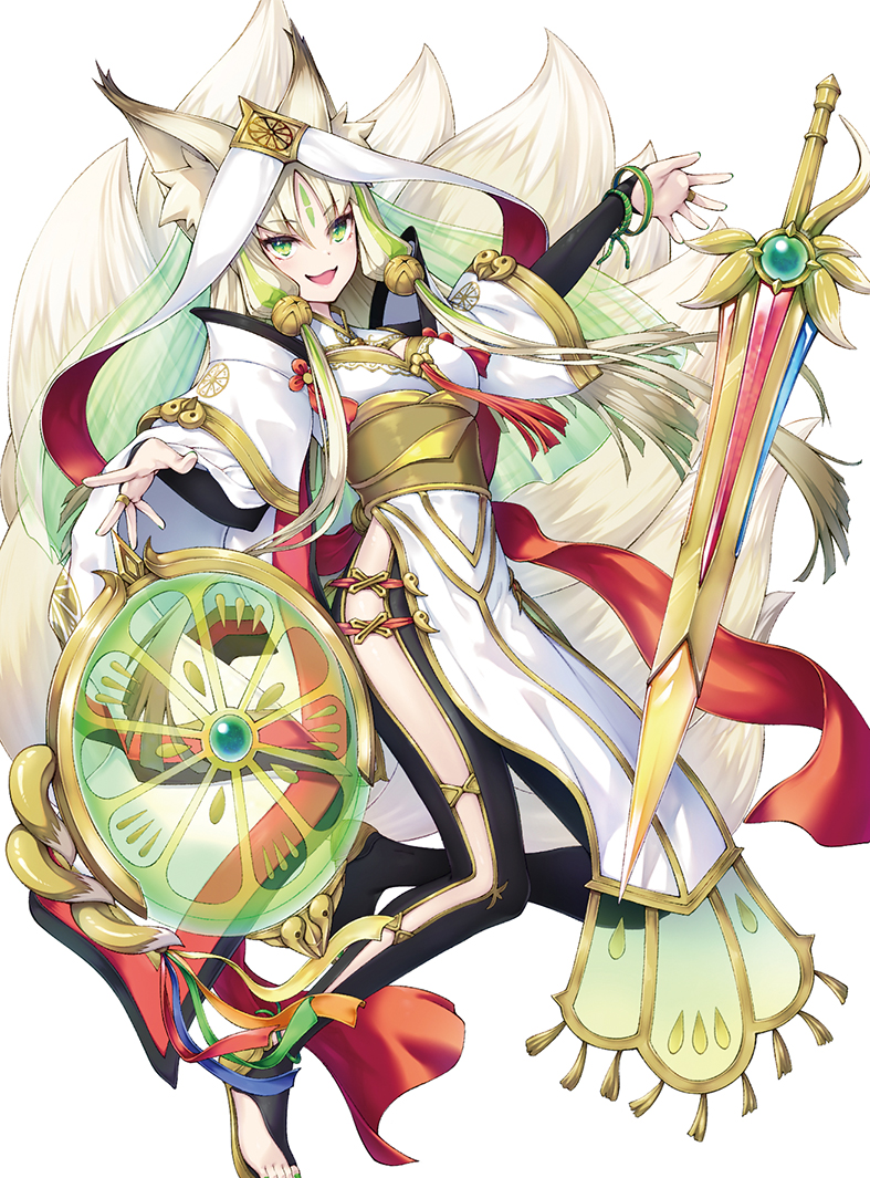 1girl, :d, animal_ear_fluff, animal_ears, arahime_the_manifested_mikanko, black_pantyhose, bridal_gauntlets, bridal_legwear, commentary_request, dress, duel_monster, feet, fox_ears, fox_girl, fox_tail, green_eyes, green_hair, hu-li_the_jewel_mikanko, kitsune, long_sleeves, multicolored_hair, nail_polish, nakazawa_aki, open_mouth, pantyhose, parted_bangs, pelvic_curtain, simple_background, smile, solo, streaked_hair, sword, tail, weapon, white_background, white_dress, white_hair, wide_sleeves, yu-gi-oh!