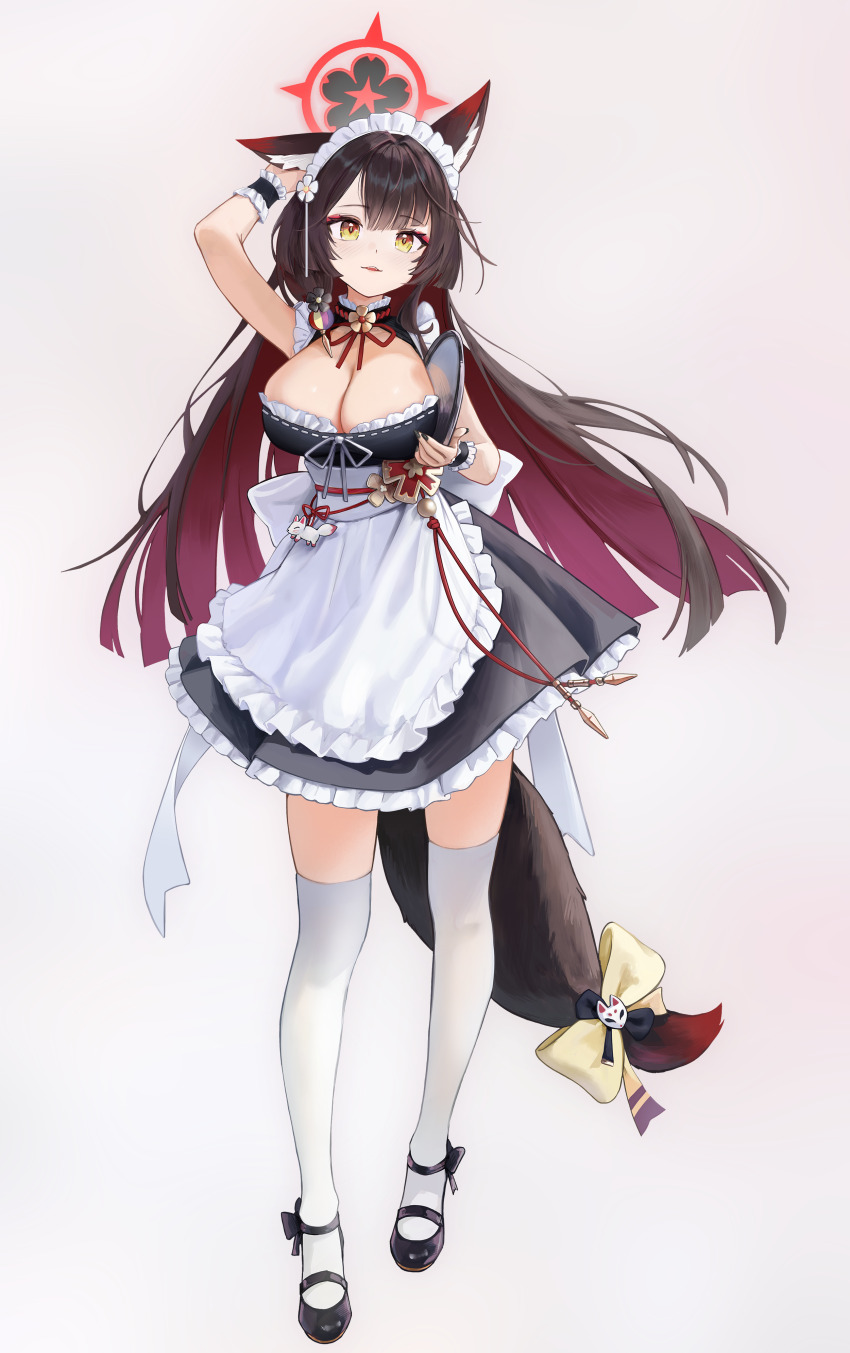 1girl, absurdres, alternate_costume, animal_ears, apron, arm_behind_head, bare_shoulders, black_dress