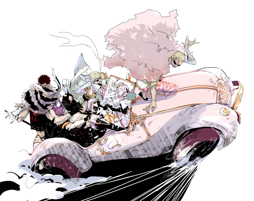 4boys, black_gloves, black_shirt, blonde_hair, boots, brothers, candy_saccharin, capri_pants, car, charlotte_cracker, charlotte_katakuri, cigarette, coat, coat_on_shoulders, donquixote_doflamingo, donquixote_rocinante, driving, epaulettes, food, gloves, heart, heart_print, highres, knee_boots, male_focus, mochi, motor_vehicle, multiple_boys, muscular, muscular_male, one_piece, pants, pink_coat, pink_shirt, purple_hair, red_hair, scarf, shirt, short_hair, siblings, speech_bubble, squatting, sunglasses, white_background, white_coat, white_shirt