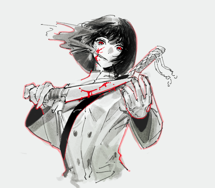 1girl, blood, chef, cigarette, greyscale, hands_up, holding, holding_knife