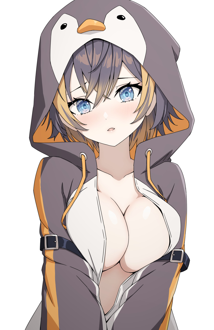 1girl, absurdres, alternate_breast_size, animal_hood, black_hair, blonde_hair, blue_eyes, blush, breasts, cleavage, collarbone, daydarion, hair_between_eyes, highres, hood, hoodie, large_breasts, looking_at_viewer, multicolored_hair, naked_hoodie, nijisanji, nijisanji_en, open_clothes, open_hoodie, parted_lips, penguin_hood, petra_gurin, petra_gurin_(1st_costume), short_hair, simple_background, solo, two-tone_hair, upper_body, virtual_youtuber, white_background