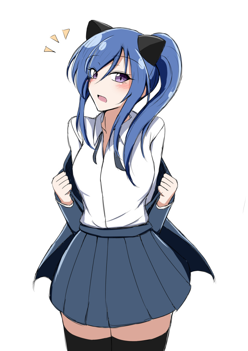 1girl, animal_ears, assault_lily, black_thighhighs, blue_hair, blue_jacket, blue_skirt, blush