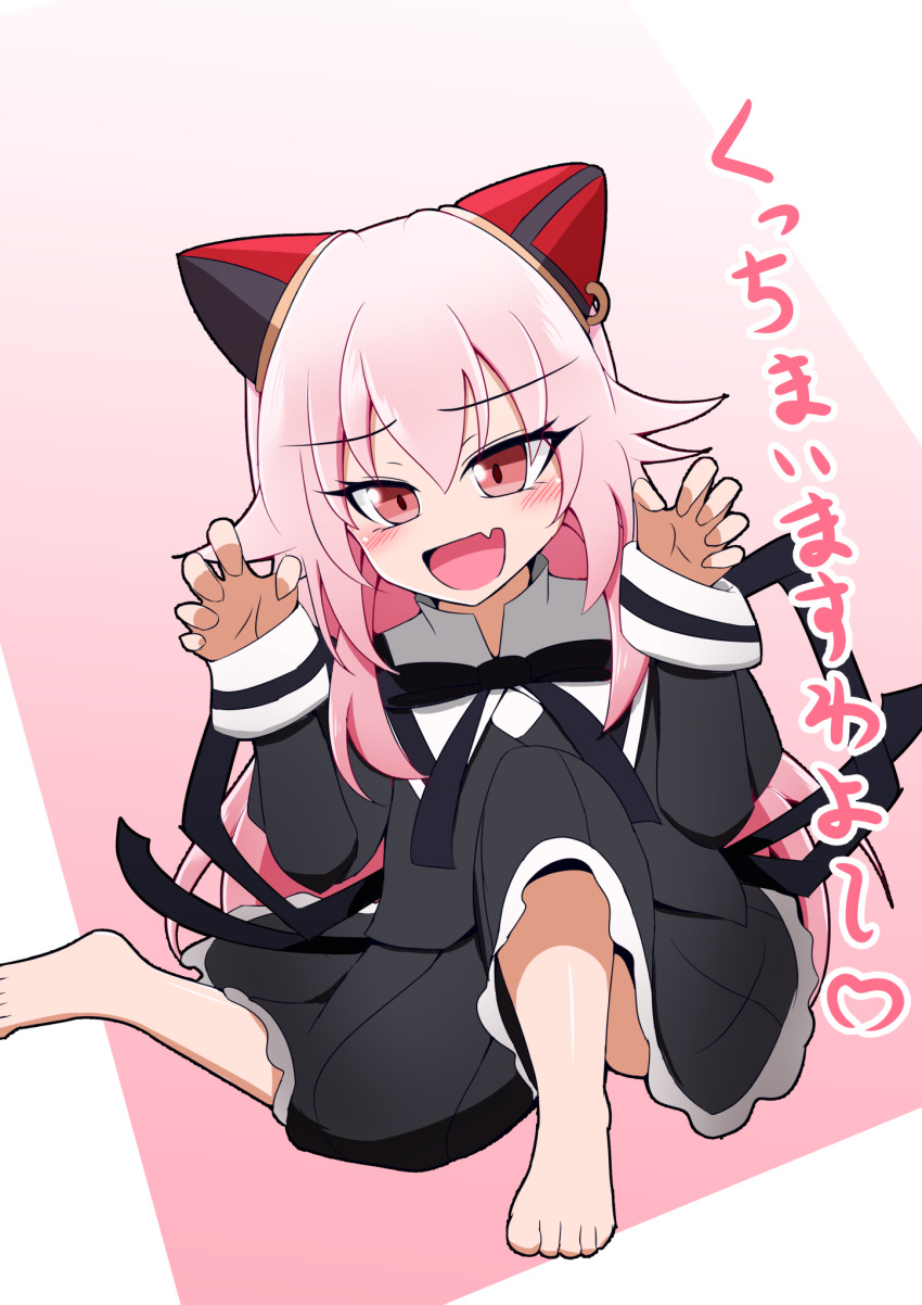 1girl, :d, age_regression, aged_down, assault_lily, barefoot, black_ribbon, black_skirt