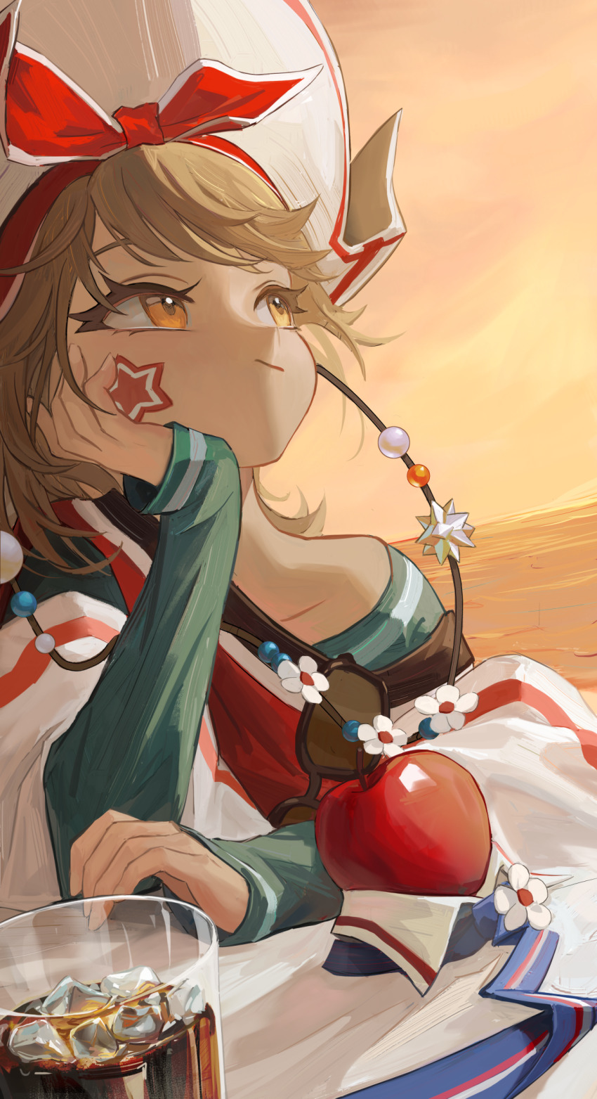 1girl, :/, apple, apple_(reverse:1999), arm_on_table, bicorne, bow_hairband, brown_hair, cup, drinking_glass, elbow_rest, eyewear_hang, facial_mark, food, fruit, green_shirt, hairband, hand_on_own_cheek, hand_on_own_face, hat, head_rest, highres, ice, ice_cube, long_sleeves, looking_up, ocean, orange_eyes, orange_sky, outdoors, red_hairband, red_vest, regulus_(reverse:1999), regulus_(the_fierce_fan)_(reverse:1999), reverse:1999, shirt, short_hair, sky, soda, solo, star_(symbol), star_facial_mark, stellated_octahedron, sunglasses, suso199, unworn_eyewear, upper_body, vest, white_hat