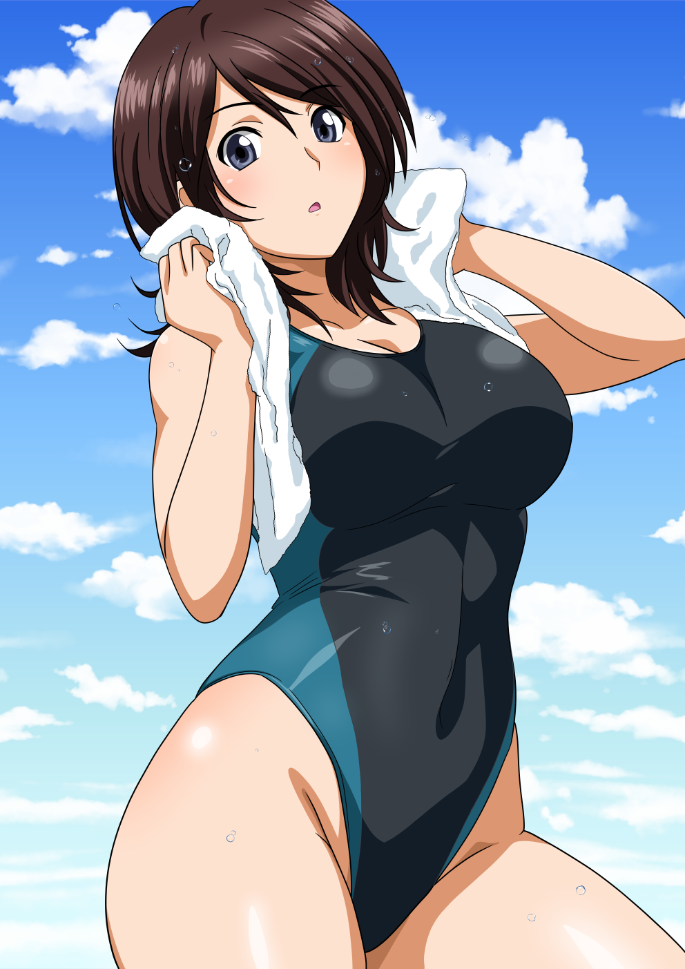 1girl, amagami, black_hair, black_one-piece_swimsuit, blue_sky, breasts, cloud, competition_swimsuit