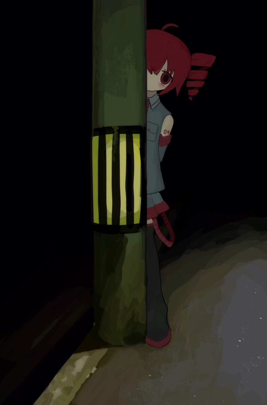 1girl, ahoge, arms_behind_back, bare_shoulders, black_background, black_boots, boots, breast_pocket, collared_shirt, commentary, dark, detached_sleeves, drill_hair, grey_shirt, grey_skirt, grey_sleeves, highres, kasane_teto, kasane_teto_(utau), looking_at_viewer, miniskirt, night, outdoors, peeking_out, pleated_skirt, pocket, red_eyes, red_hair, shirt, skirt, sleeveless, sleeveless_shirt, solo, standing, thigh_boots, twin_drills, utau, utsumi_shino