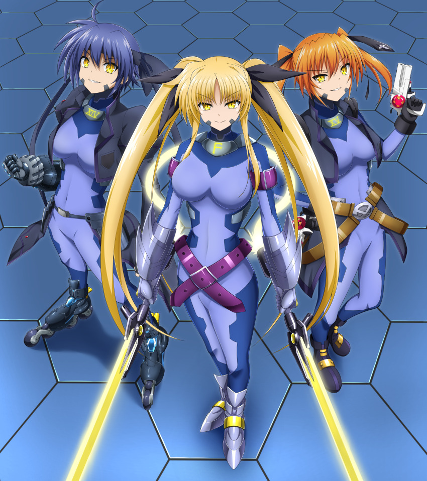 3girls, absurdres, alternate_eye_color, armored_boots, bardiche_(nanoha), bardiche_(riot_zanber_stinger)_(nanoha), belt, blonde_hair