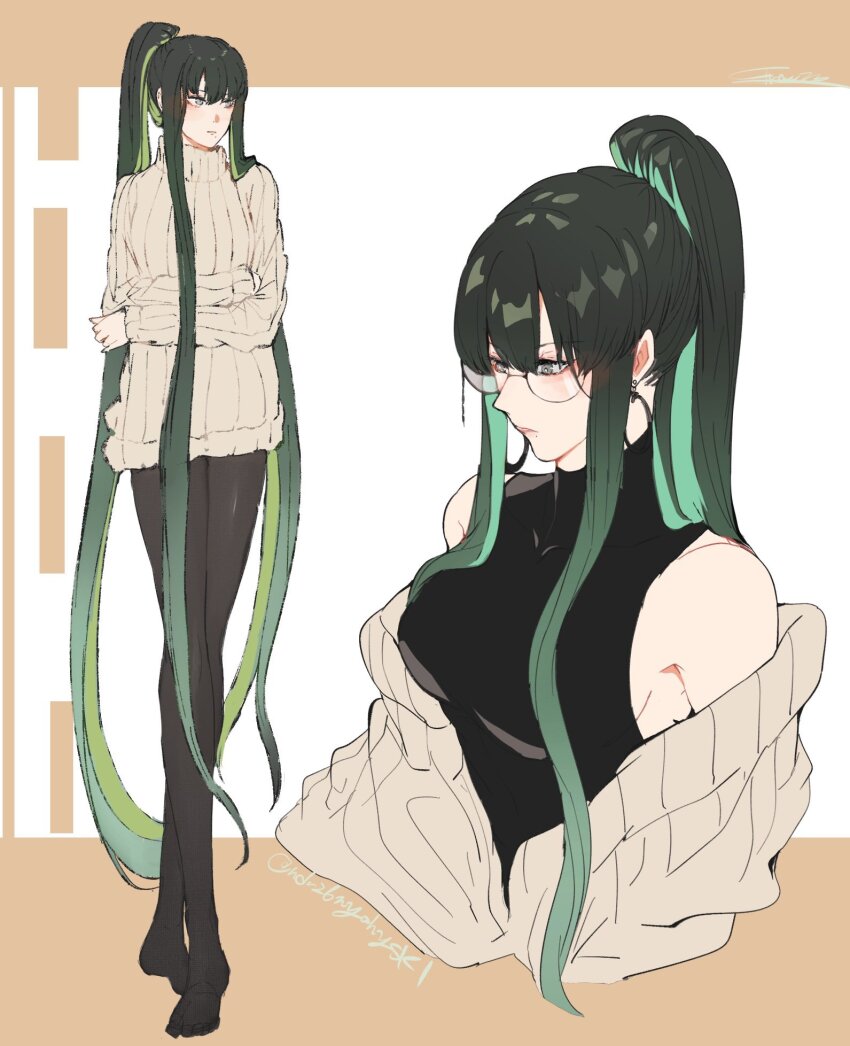 1girl, alternate_costume, alternate_hairstyle, bare_shoulders, black_hair, black_leggings, black_shirt, colored_inner_hair, earrings, glasses, green_eyes, green_hair, grey_sweater, highres, jewelry, leggings, long_hair, multicolored_hair, ndr26nyahaysk1, ponytail, punishing:_gray_raven, qu_(pgr), shirt, sidelocks, sleeveless, sleeveless_shirt, solo, sweater, twitter_username, very_long_hair