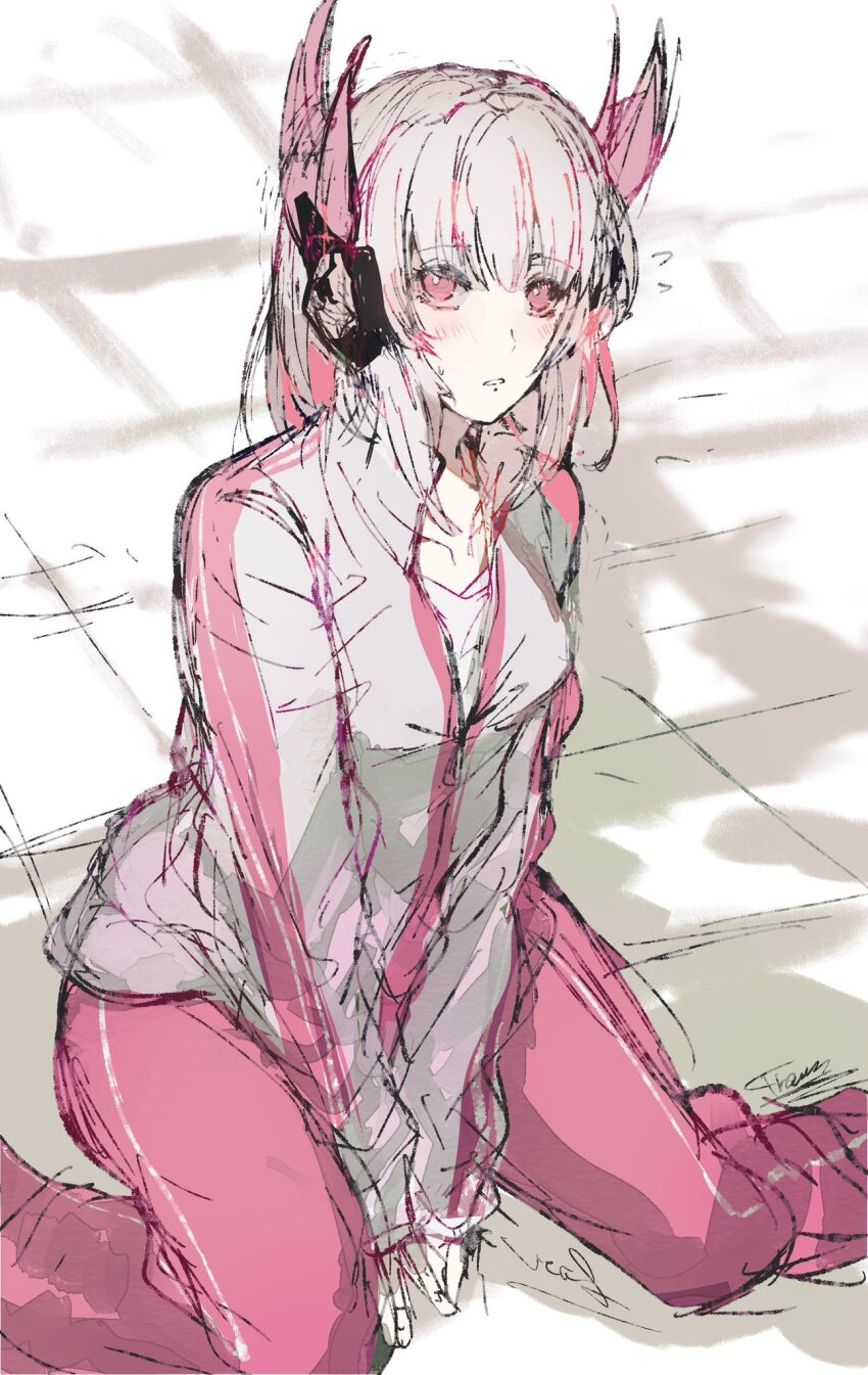 1girl, alternate_costume, blush, colored_inner_hair, grey_hair, headgear, headphones, highres