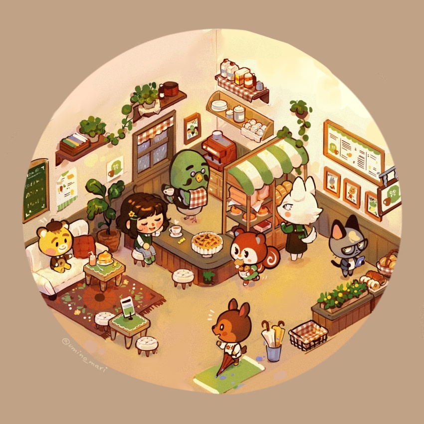 3boys, 3girls, :<, absurdly_detailed_composition, animal_crossing, animal_crossing:_new_horizons, artist_name, basket, bear_boy, beret, bird_boy, black-framed_eyewear, black_dress, black_eyes, blue_jacket, blue_pants, blush_stickers, bread, bread_bun, brewster_(animal_crossing), bright_pupils, brown_background, brown_eyes, brown_hair, brown_hat, brown_shirt, bucket, candy, cat_boy, cellphone, chalkboard, cherry, cherry_pie, closed_eyes, closed_mouth, closed_umbrella, coffee, coffee_maker, collared_shirt, commentary, couch, counter, cup, deer_girl, display_case, donut, doormat, dress, eating, elbow_rest, english_commentary, facial_hair, fauna_(animal_crossing), floral_print, flower, planter, flower_pot, food, food_in_mouth, fruit, furry, furry_female, furry_male, glasses, green_dress, green_eyes, green_footwear, green_shirt, green_vest, hair_flower, hair_ornament, hairclip, hat, head_rest, heart, heterochromia, highres, holding, holding_food, holding_phone, holding_umbrella, indoors, jacket, jar, loaded_interior, loaf_of_bread, long_sleeves, looking_at_another, looking_to_the_side, marty_(animal_crossing), menu_board, mug, multiple_boys, multiple_girls, mustache, nintendo, notice_lines, on_couch, open_clothes, open_jacket, open_mouth, pancake, pants, phone, picture_frame, pie, pillow, pinafore_dress, plant, plate, poppy_(animal_crossing), potted_plant, puffy_short_sleeves, puffy_sleeves, raymond_(animal_crossing), red_umbrella, round_eyewear, rug, saucer, shelf, shirt, shoes, short_hair, short_sleeves, sign, simple_background, sitting, sleeveless, sleeveless_dress, smartphone, smile, solid_oval_eyes, squirrel_girl, standing, stool, sweater, table, towel, towel_on_arm, twitter_username, u_u, umbrella, umino-mari, vest, villager_(animal_crossing), walking, white_pupils, white_shirt, white_sweater, white_umbrella, whitney_(animal_crossing), window, wolf_girl, yellow_flower, yellow_umbrella