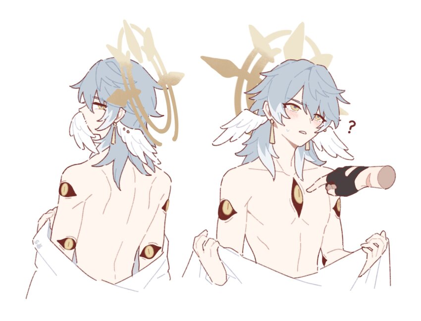 2boys, blue_hair, blush, earrings, extra_eyes, gallagher_(honkai:_star_rail), halo, highres