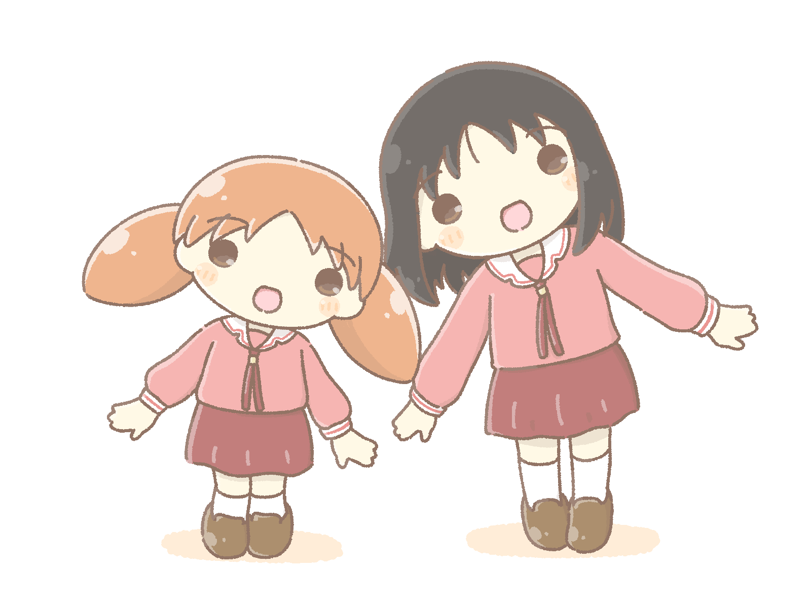 2girls, azumanga_daioh's_school_uniform, azumanga_daiou, black_hair, blush_stickers, brown_eyes, brown_footwear, chibi, height_difference, highres, kasuga_ayumu, long_hair, looking_at_viewer, mihama_chiyo, multiple_girls, open_mouth, orange_hair, pink_serafuku, pink_skirt, pleated_skirt, sailor_collar, school_uniform, serafuku, shadow, short_hair, short_twintails, simple_background, skirt, smile, socks, twintails, wafu_(wafu39080), white_background, white_sailor_collar, white_socks