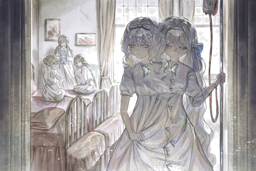 5girls, asymmetrical_sleeves, bandaid, bandaid_on_face, bed, bedroom, blonde_hair, blood