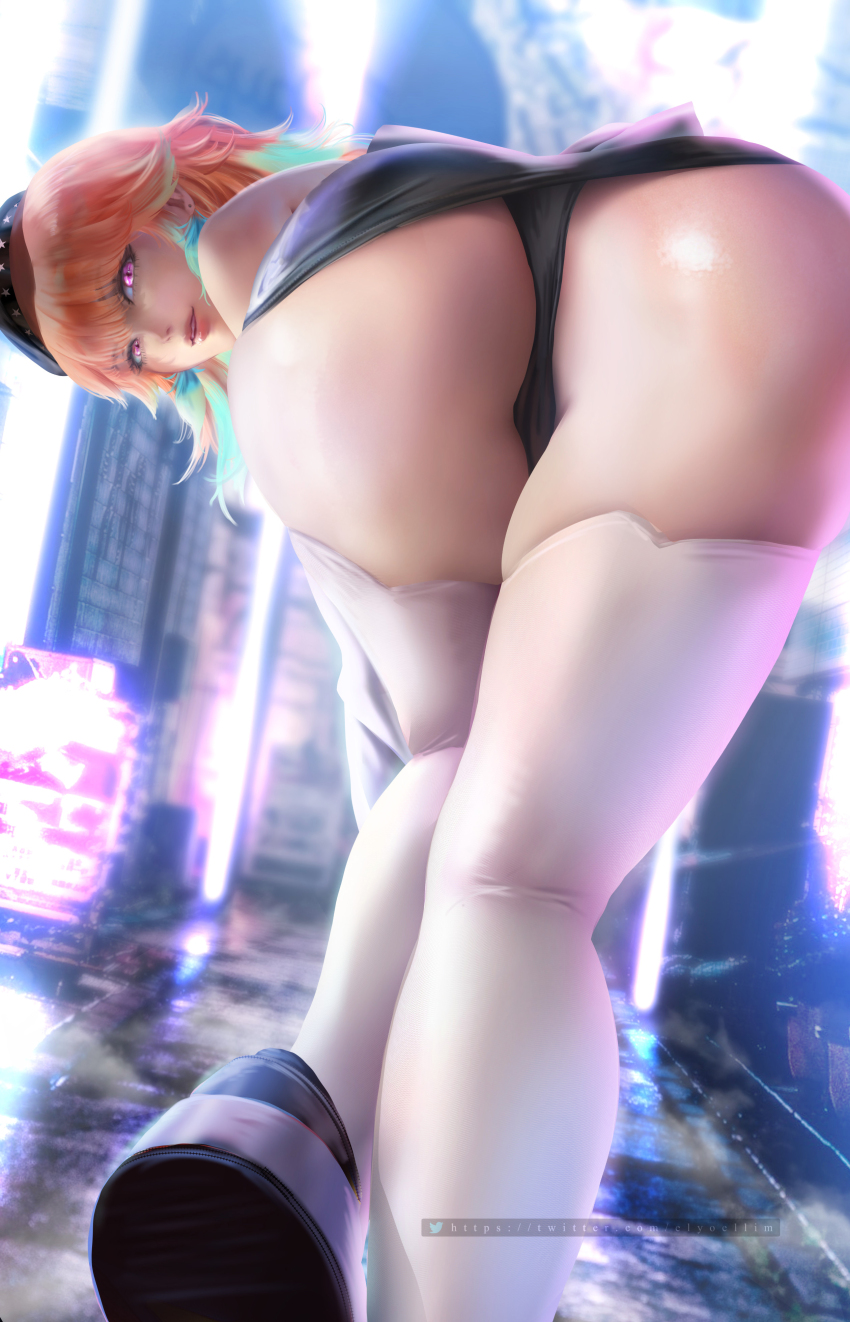 1girl, absurdres, ass, bent_over, beret, black_panties, earrings, feather_earrings