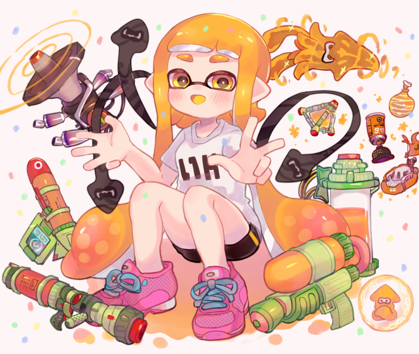 1girl, :d, black_shorts, blush, bubbler_(splatoon), burst_bomb_(splatoon), colored_tongue, echolocator_(splatoon)