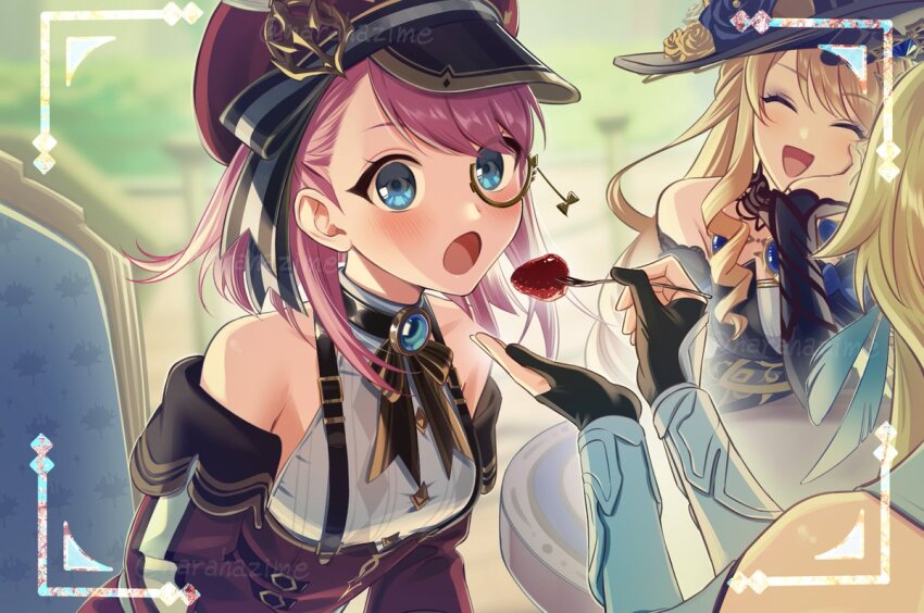 3girls, :o, aqua_eyes, bare_shoulders, black_gloves, black_hat, blonde_hair, blue_gem